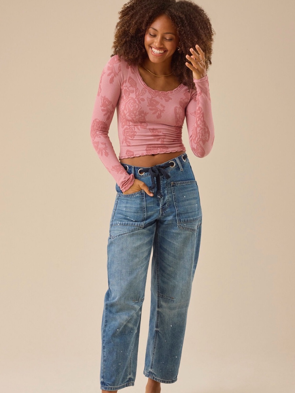 Altar'd State Rose Pink Long-Sleeve Floral Cropped Tee size S/M